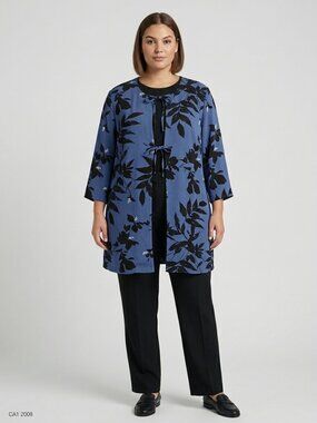 Anne Klein Blue & Black Floral Print Tie-Front Topper Cardigan Jacket Size L